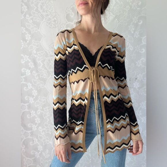 Y2K Sydney Easton Chevron Striped Tie-Front Cardigan Sweater with Lettuce Hem - Picture 8 of 11